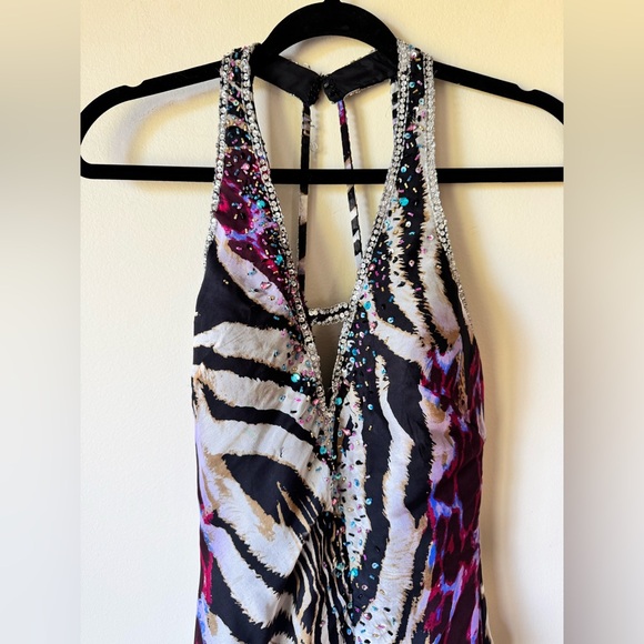 100% Silk Beaded and Rhinestones Zebra Print Halter Maxi Dress - Picture 3 of 9